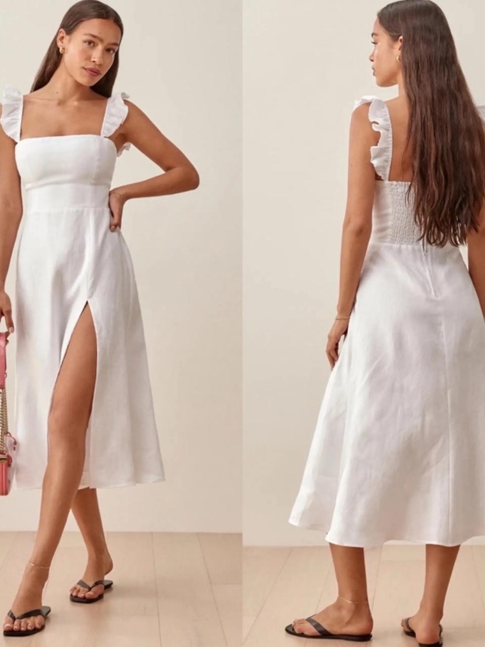 White Reformation Ruffled-Strap Midi Dress with Side Slit